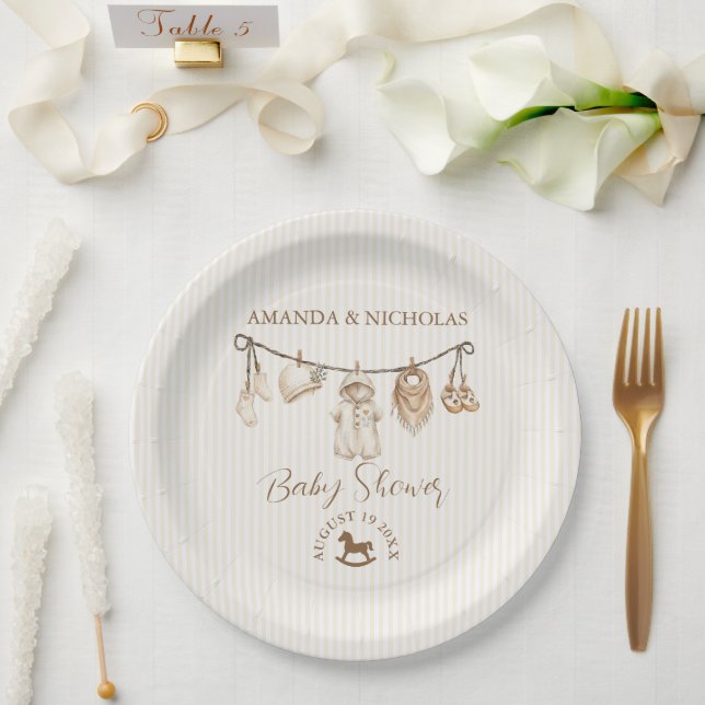 Baby Clothesline Neutral Baby Shower Striped Pappteller (Hochzeit)