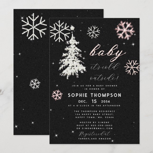 Baby Cold Outdoor Rhinestones Tree Girl Dusche Einladung (Vorne/Hinten)