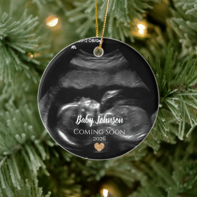 Baby Coming Bald Ultrasound Gold Herz Keramik Ornament (Baum)