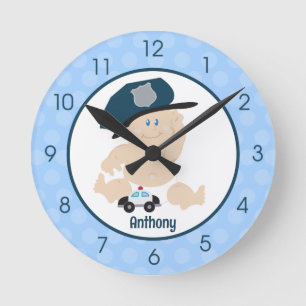 Baby Cop Blue Boy Nursery Horloge murale