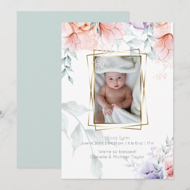 Baby | Coral Lilac Aquarelle Peony Blume Einladung (Vorne/Hinten)