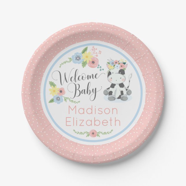 Baby Cow Floral Calf Begrüßung Baby Dusche Party Pappteller (Vorderseite)