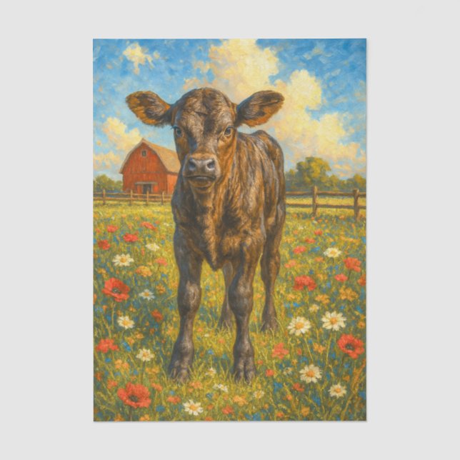 Baby Cow in Pasture Farmhouse Decoupage Paper  Seidenpapier (Vorderseite)