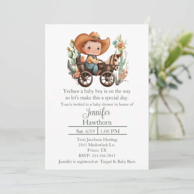 Baby Cowboy Baby Dusche Einladung (Stehend Vorderseite)