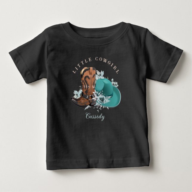 Baby Cowgirl Cowboy Stiefel mit türkisfarbenem bra Baby T-shirt (Vorderseite)