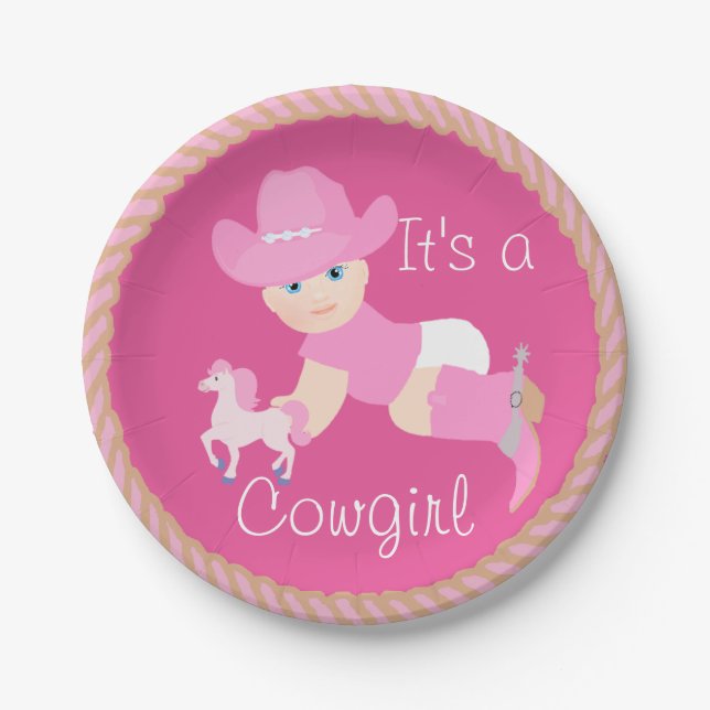 Baby-Cowgirl mit rosa Hut-und Stiefel-Party-Teller Pappteller (Vorderseite)