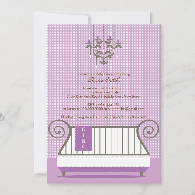 Baby Crib Babydusche Einladung Mädchen Lila (Vorderseite)
