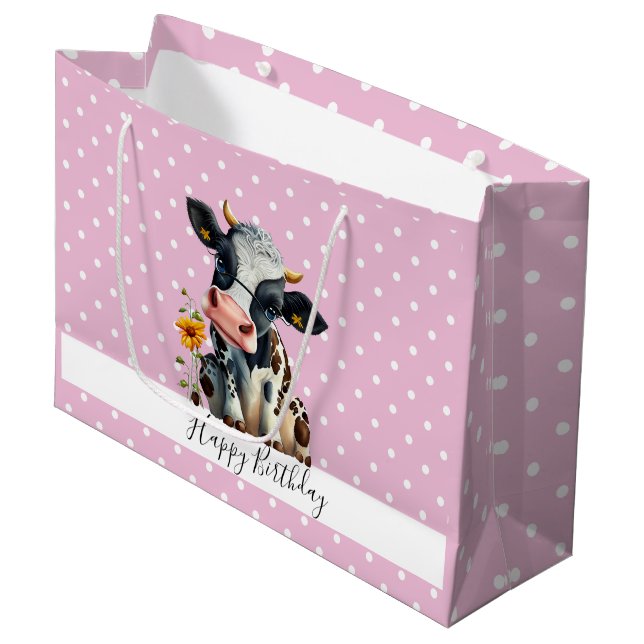 Baby Dairy Kuh Rosa weiße Punkte Große Geschenktüte (Vorderseite Schrägansicht)