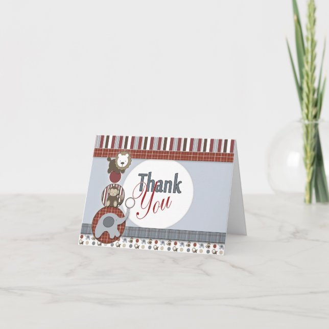 Baby Danke Card mit Blue Elephant, Monkey & T (Vorderseite)