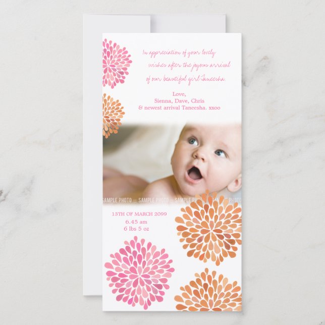 Baby danken Ihnen, die rosa u. orange Blumen zu Dankeskarte (Vorderseite)