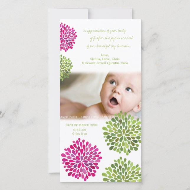 Baby danken Ihnen Pink-u. Grün-Blüte Dankeskarte (Vorderseite)