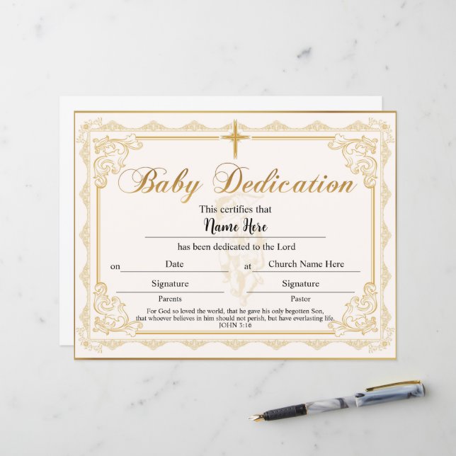 Baby Dedication Certificate Gold (Vorderseite/Rückseite Beispiel)