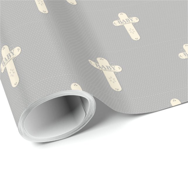 Baby Dedication Cream & Gray Cross Geschenkpapier (Rolleneckpunkt)