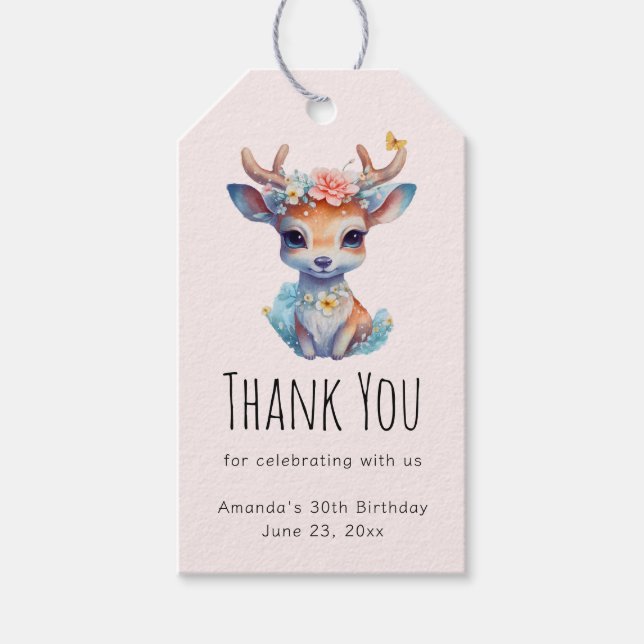 Baby Dee with Antlers and Blume Party Vielen Dank Geschenkanhänger (Vorderseite)