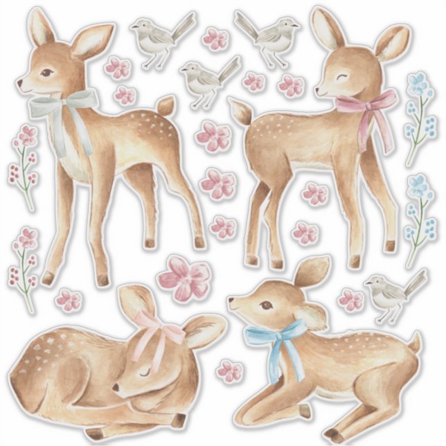 Baby Deer & Birds Bedroom Wall Set of Aufkleber (Vorderseite)