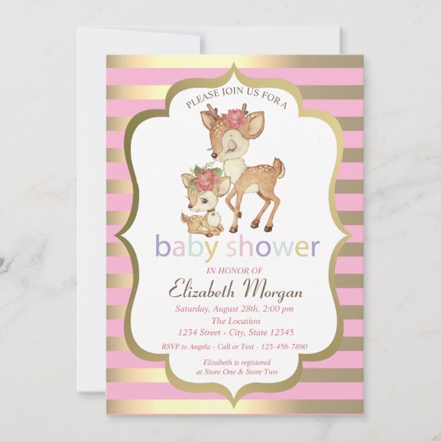 Baby Deer Blume Gold Stripe Baby Dusche Einladung (Vorderseite)