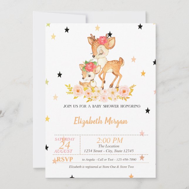 Baby Deer Blume Stars, Princess Baby Dusche Einladung (Vorderseite)