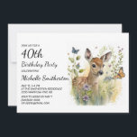 Baby Deer Butterfly Foliage Floral 40. Geburtstag Einladung<br><div class="desc">Mit der 40. Geburtstagsfeier dieser eleganten Party Einladung mit einem atemberaubenden Gemälde eines Hirsches, das von einem Schmetterling fasziniert wird, erleben Sie die Schönheit der Natur. Diese künstlerisch inspirierte Einladung ist perfekt für eine Geburtstagsfeier mit Wildtieren oder Tieren geeignet und wird Naturliebhaber aller Altersgruppen begeistern. Diese Karte kann für jeden...</div>