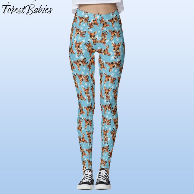 Baby Deer, Fawn, Doe, Rentier 🦌 Blau, Schneeflock Leggings (Cute Baby Floral Deer, Fawn, Doe Lover, Reindeer Antlers, Snowflake Pattern, Blue Leggings 🦌 🎄)
