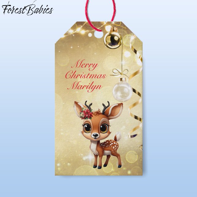 Baby Deer, Fawn, Doe, Rentier 🦌 🎄 Geschenkanhänger (Cute Baby Floral Deer, Fawn, Poinsettia Flower Doe Lover Reindeer Antlers ForestBabies Gift Tag🦌 🎄)