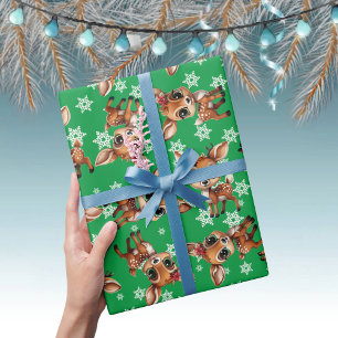 Baby Deer, Fawn, Doe, Rentier 🦌 🎄 grüne Schneefl Geschenkpapier