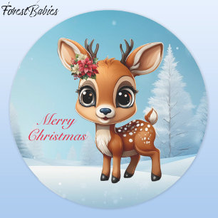 Baby Deer, Fawn, Doe, Rentier 🦌 🎄 Schnee Runder Aufkleber