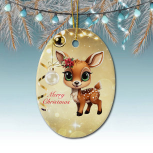 Baby Deer, Fawn, 🦌 Gold Frohe Weihnachten 🎄 Keramik Ornament