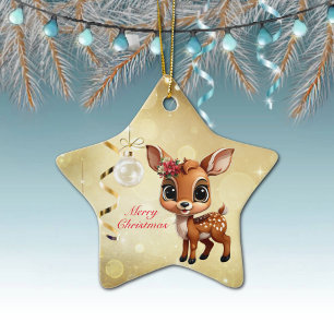 Baby Deer, Fawn, 🦌 Gold Frohe Weihnachten 🎄 Keramik Ornament