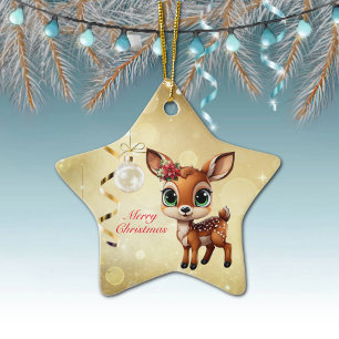 Baby Deer, Fawn, 🦌 Gold Frohe Weihnachten 🎄 Keramik Ornament