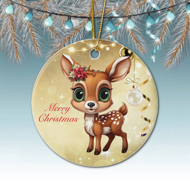 Baby Deer, Fawn, 🦌 Gold Frohe Weihnachten 🎄 Keramik Ornament (Baby Deer, Fawn, Doe 🦌Poinsettia ForestBabies Merry Christmas 🎄Gold Round Ceramic Ornamen)