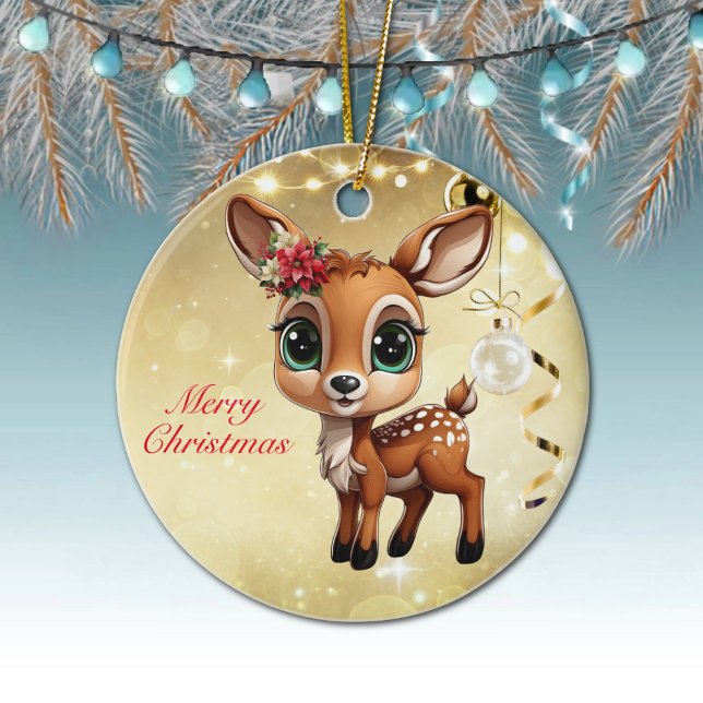 Baby Deer, Fawn, 🦌 Gold Frohe Weihnachten 🎄 Keramik Ornament (Cute Baby Deer, Fawn, Doe🦌Poinsettia Reindeer Antlers Merry Christmas🎄Gold Round Ceramic Ornament)