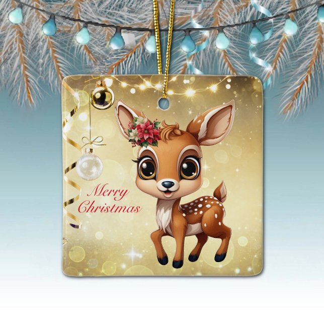 Baby Deer, Fawn, 🦌 Gold Frohe Weihnachten 🎄 Keramikornament (Baby Deer, Floral Fawn, Doe Poinsettia Customizable Merry Christmas Gold Square Ceramic Ornament🦌🎄)