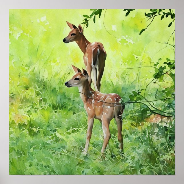 Baby Deer Fawn Twins in Nature Wasserfarbe Kunst Poster (Vorne)