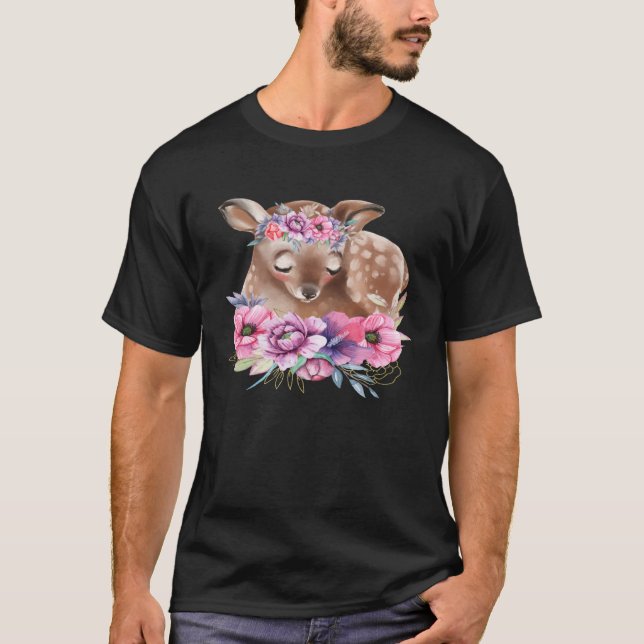 Baby Deer Fawn with Flowers Forest Animals Nature  T-Shirt (Vorderseite)
