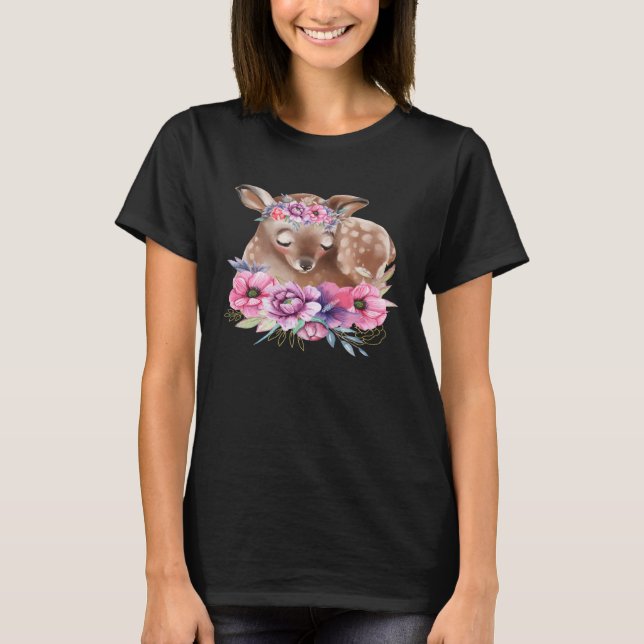 Baby Deer Fawn with Flowers Forest Animals Nature  T-Shirt (Vorderseite)