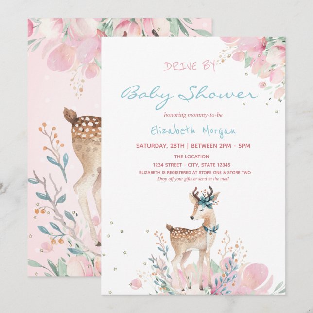 Baby Deer Floral Drive by Baby Dusche Einladung (Vorne/Hinten)