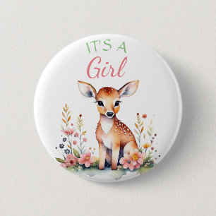 Baby Deer in Blume Es ist eine Mädchen-Babydusch Button