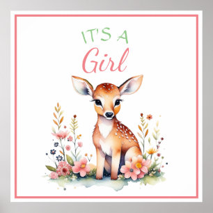 Baby Deer in Blume Es ist eine Mädchen-Babydusch Poster