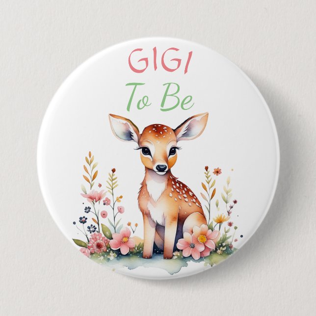 Baby Deer in Flowers Gigi to be Baby Shower Button (Vorderseite)