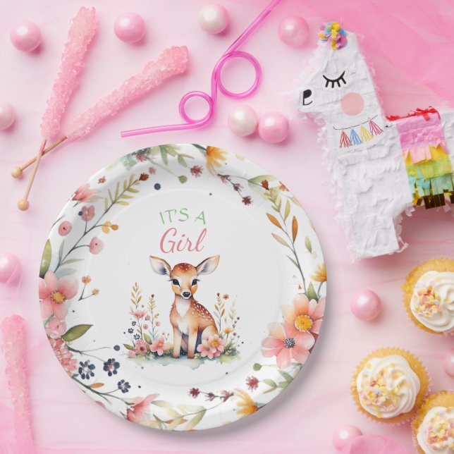 Baby Deer in Flowers | It's a Girl Baby Shower Pappteller (Party)