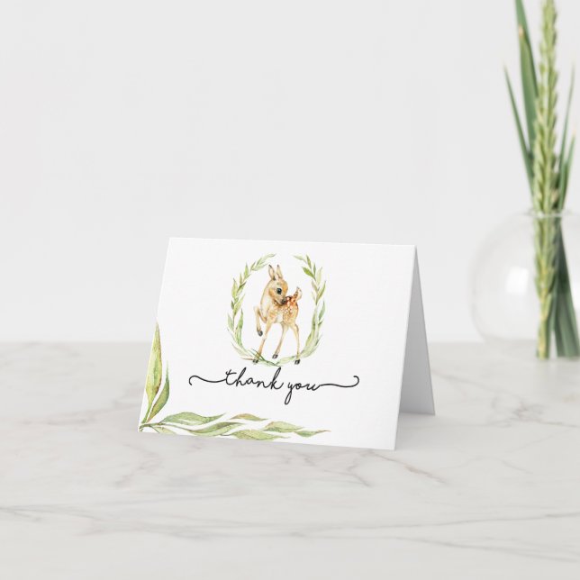 Baby Deer in Greenery Baby Dusche Vielen Dank Karte (Vorderseite)