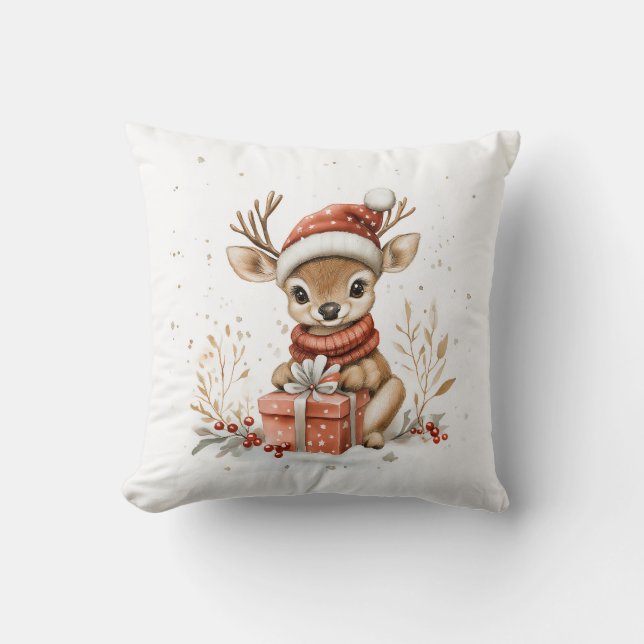 Baby Deer in Red Christmas Weihnachtsmannmütze Kissen (Vorderseite)