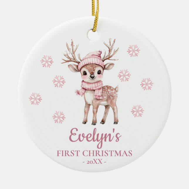 Baby Deer Personalized Girl's First Christmas Keramik Ornament (Vorne)
