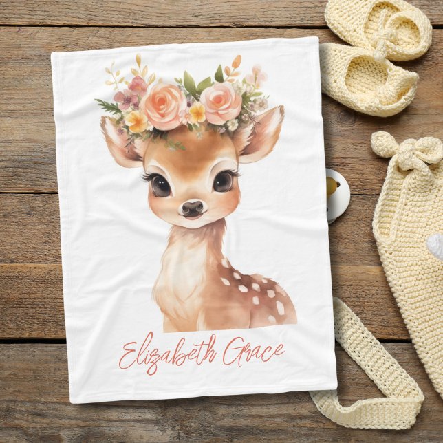 Baby Deer Pink Blume auf Head Baby Girl Gift Fleecedecke (Baby Deer with Pink Flowers on head Baby Blanket. Personalize it Monogram it with babies name.)