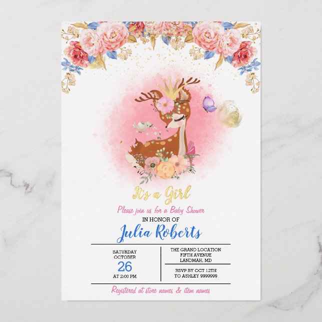 Baby Deer Pink Floral Woodland Girl Babydusche Folieneinladung (Vorderseite)