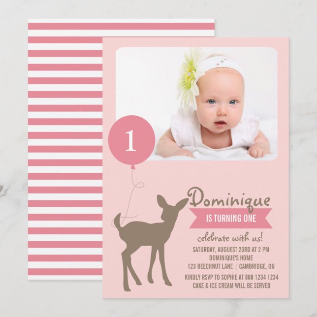 Baby Deer | Rosa Foto Kindergeburtstag Einladung (Vorne/Hinten)