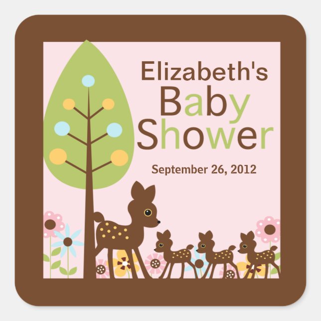 Baby Deer Triplets Multiple Baby Shower Einladung Quadratischer Aufkleber (Vorderseite)
