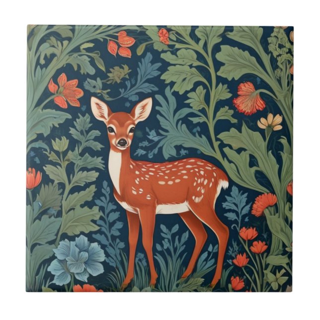 Baby Deer William Morris Stil Links Facing Fawn Fliese (Vorderseite)