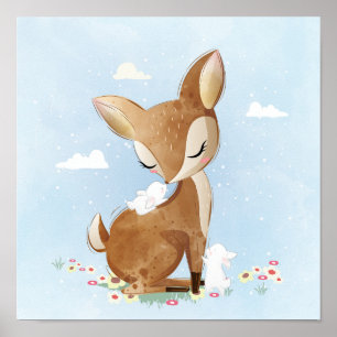 Baby deer with a baby bunnies  poster