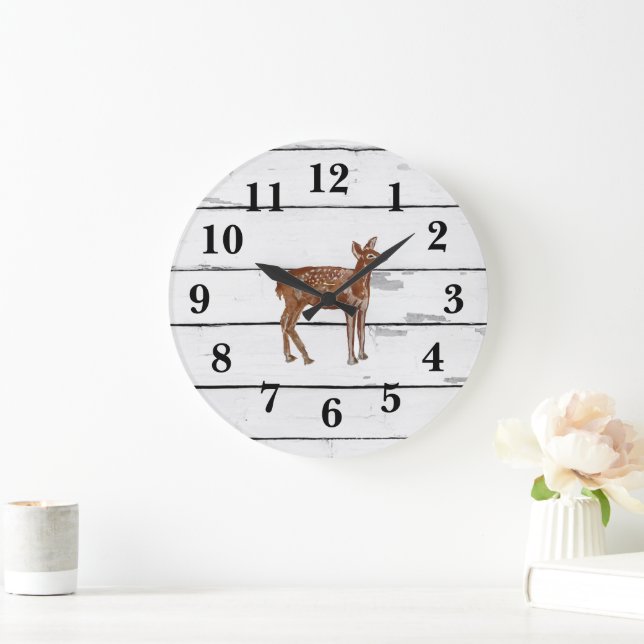 Baby Deer Woodland Animal Painting Shiplap Große Wanduhr (Zuhause)